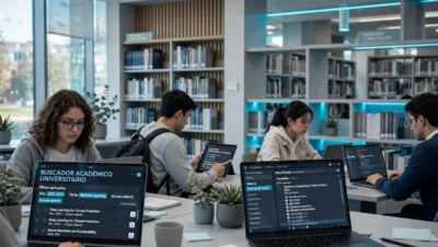 Estudiantes usando búsqueda digital en biblioteca universitaria
