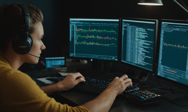 Software de prueba de software mientras está rodeado de documentación técnica y fragmentos de código.