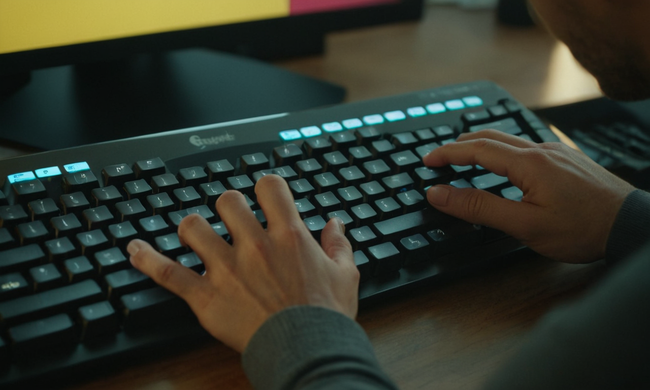 Una persona prueba las teclas en un teclado frente a una pantalla de computadora.