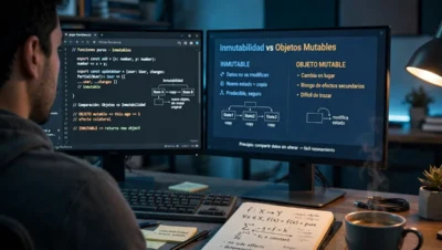 Desarrollador ante pantallas con funciones puras e inmutabilidad