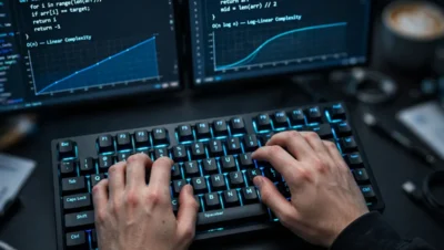 Primer plano de manos programando con gráficos de complejidad en pantalla