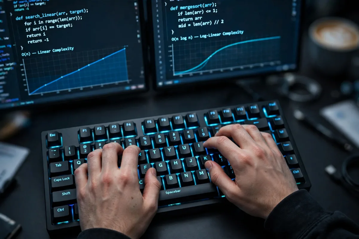 Primer plano de manos programando con gráficos de complejidad en pantalla