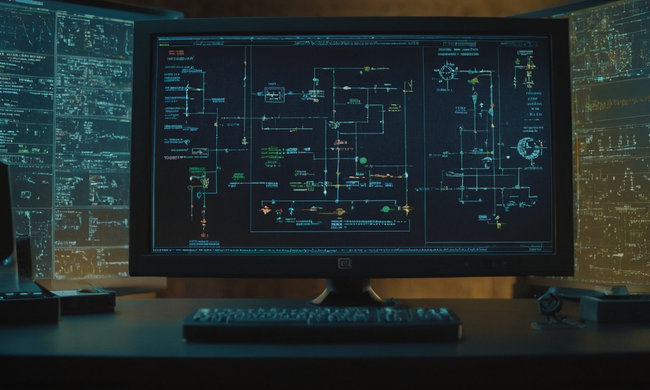Representación gráfica de una estructura de herencia de clase en una pantalla de monitor, rodeada de símbolos de codificación y objetos.