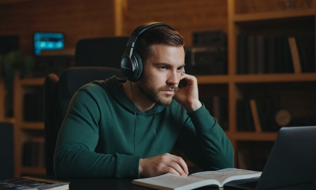 Un programador se sienta con auriculares en, rodeado de libros y pantallas de codificación, que ilustran la intersección de la programación funcional y habilidades de escucha.