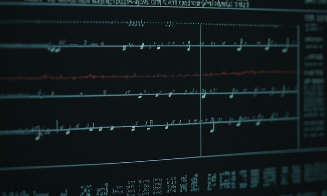 Los fragmentos de código en una pantalla mezclando con notas musicales para ilustrar errores funcionales de programación y aprendizaje.