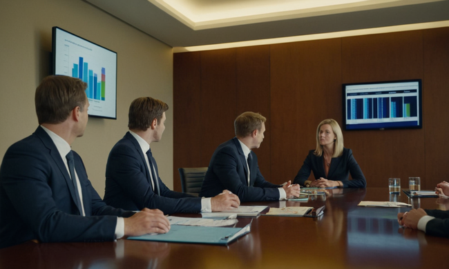 Los profesionales de la empresa se reunieron en torno a una mesa de reuniones revisando políticas y protocolos de integridad de datos en pantallas grandes.