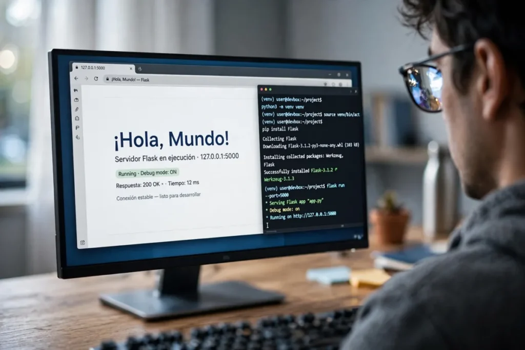 Primer plano de pantalla con '¡Hola, Mundo!' en localhost:5000
