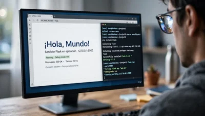 Primer plano de pantalla con '¡Hola, Mundo!' en localhost:5000