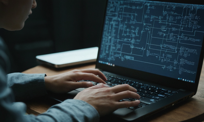 Un programador de manos escribiendo código en una pantalla portátil, rodeado de diagramas de flujo y símbolos de depuración.