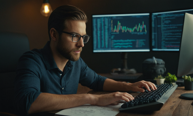 Programador escribiendo en ordenador, rodeado de conceptos y diagramas de codificación.