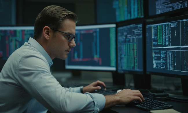 Un ingeniero sentado en un escritorio, mirando una pantalla de ordenador mostrando fragmentos de código, rodeado de datos de prueba y elementos de infraestructura.