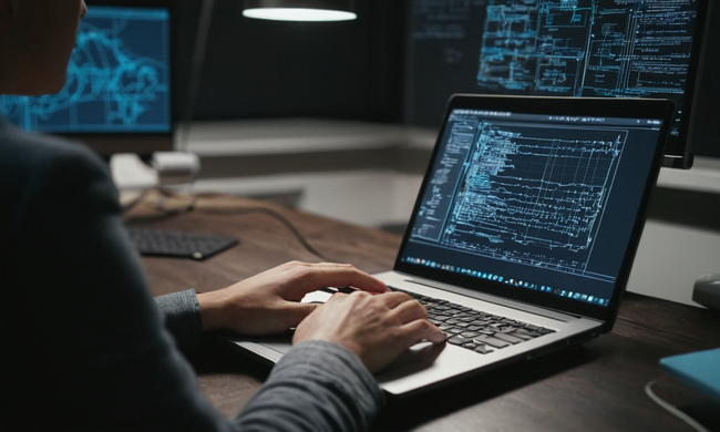 Código de escritura de un equipo portátil en medio de diagramas de alambre y registros de software.
