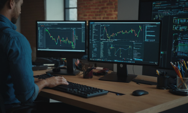 Un desarrollador que establece pruebas automatizadas en una pantalla de ordenador en medio de diagramas de flujo de trabajo.