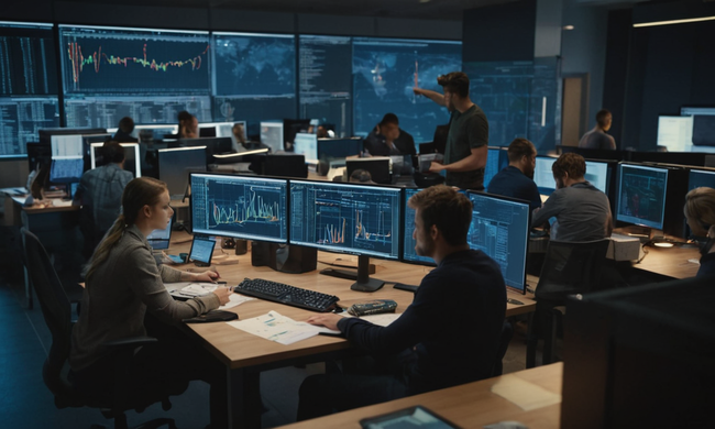 Desarrolladores de software en estaciones de trabajo rodeados de diagramas y código, con toques de aplicaciones del mundo real.