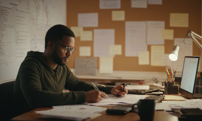 Programmer sitting at a desk amidst code snippets and diagrams, surrounded by complex problem-solving papers.