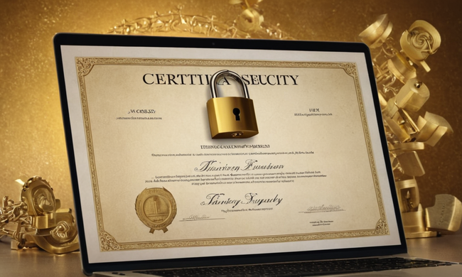 Una página web con un icono de candado y un certificado, rodeado de elementos de seguridad digital.