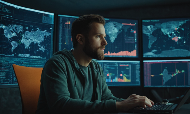 Un programador sentado frente a una pantalla de código rodeada de símbolos humanitarios o visualizaciones de datos.