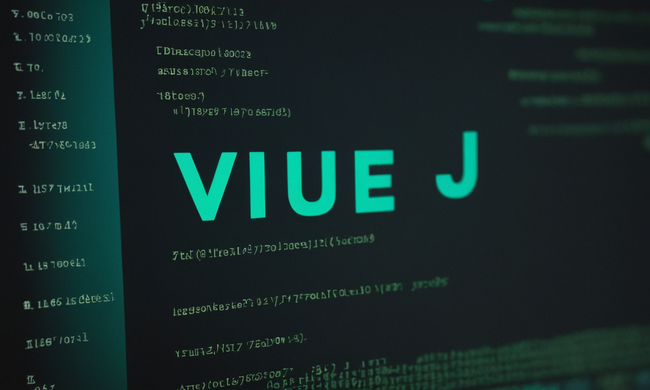 Pantalla de código que muestra el marco Vue.js, rodeado de símbolos de codificación y elementos de diseño.