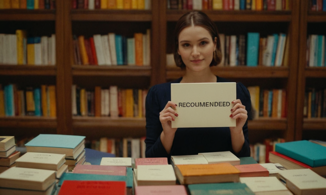 Una persona que tiene un signo de libro recomendado entre libros abiertos y suministros de oficina.