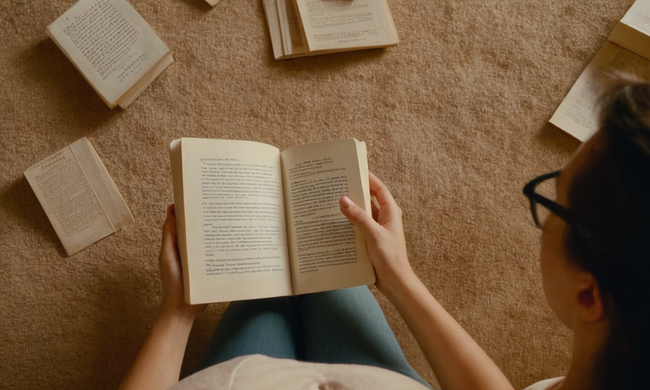 Una persona leyendo varios libros de autoayuda en medio de un fondo de frases inspiradoras y gráficos de progreso.