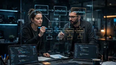 Equipo de desarrollo diagramando tipos de patrones en pizarra