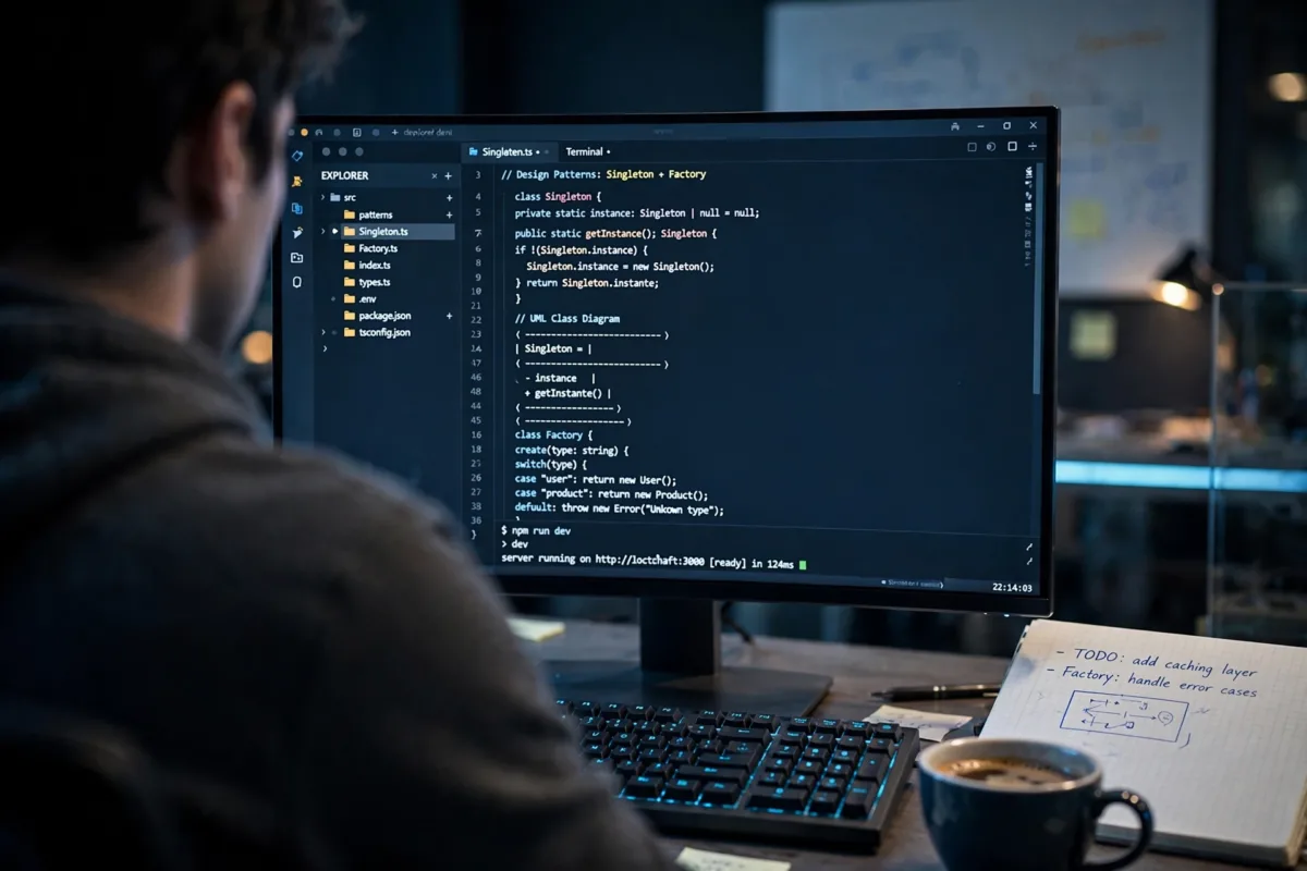Programador revisando diagramas UML y código de patrones de diseño
