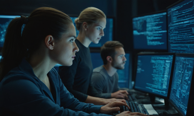 Múltiples programadores trabajando juntos en pantallas con código de programación funcional en monitores grandes.