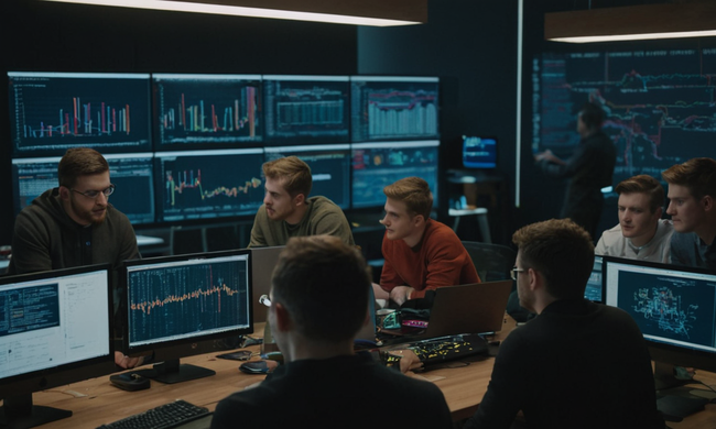 Un grupo de coders colaborando en proyectos de programación funcional rodeados de pantallas y diagramas de codificación.