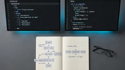 Vista cenital de escritorio con dos pantallas y diagrama de etiquetas