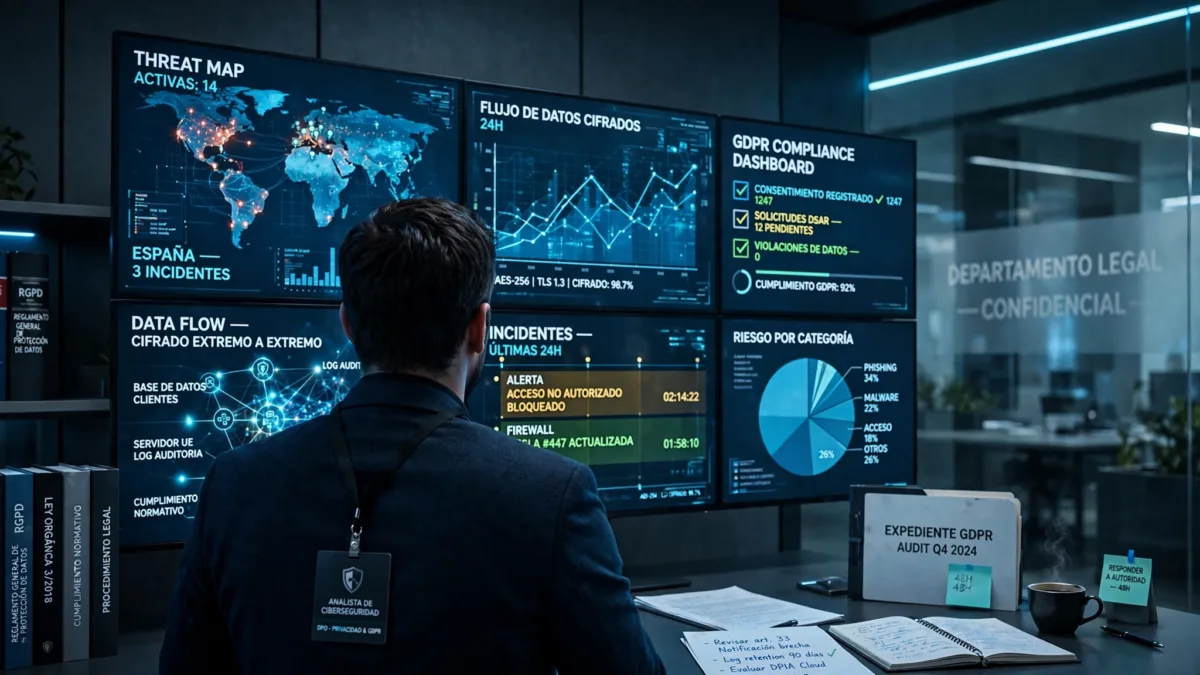 Analista revisando panel de ciberseguridad y normativa GDPR