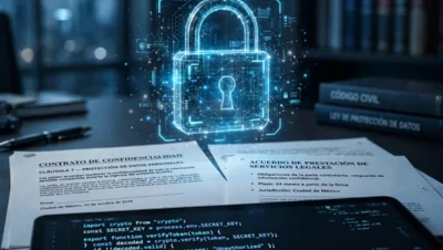 Primer plano de candado digital sobre documentos legales y código