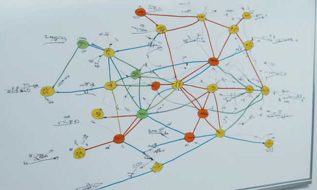 Un diagrama o código de red complejo en una pizarra con flechas que conectan nodos.