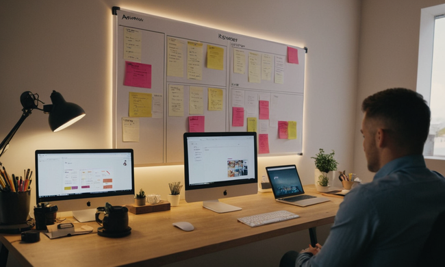 Una representación visual de los flujos de trabajo de Kanban con miembros del equipo en varios entornos (por ejemplo, oficina, hogares) interactuando con herramientas digitales.
