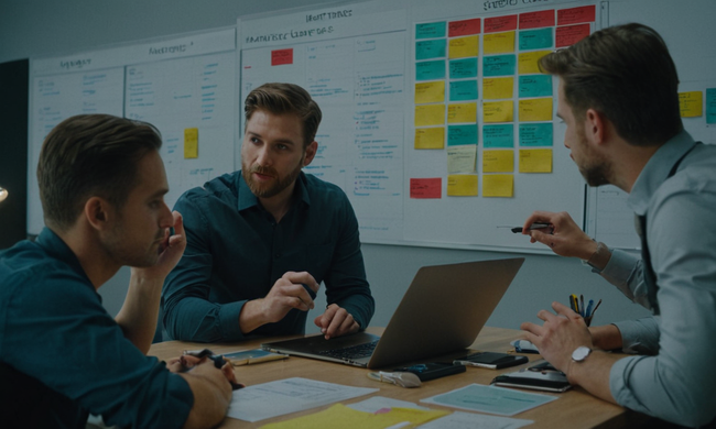 Un equipo trabajando juntos en una junta de Kanban, rodeado de métricas y herramientas de monitoreo.