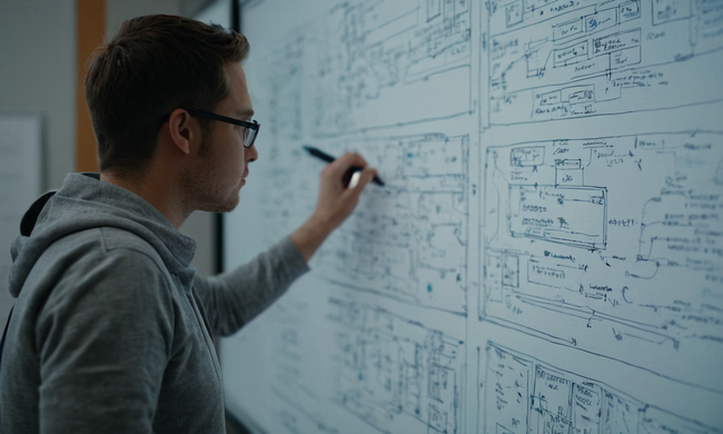 Una persona rodeada de códigos de software y diagramas de arquitectura en una pizarra.