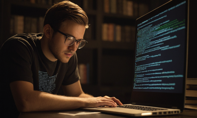Un programador rodeado de elementos de codificación, con un título de libro o concepto de historia en la pantalla portátil.