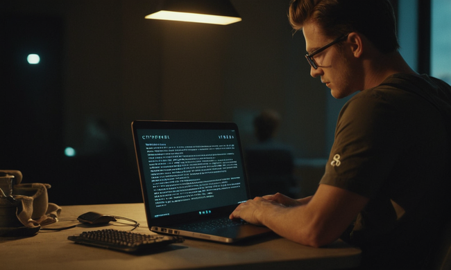 Un programador de códigos escribiendo en un portátil con citas inspiradoras y símbolos de resistencia.
