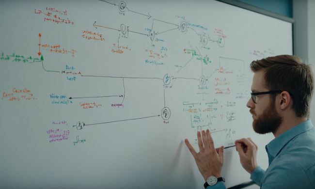 Desarrollador rodeado de código y diagramas, ilustrando conceptos funcionales de programación en una pizarra.